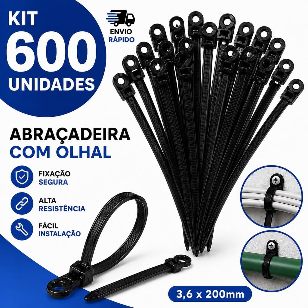 Kit Abraçadeiras Com Olhal Nylon 3,6 X200MM Enforca Gato Cinta Plástica Multiuso Praticidade