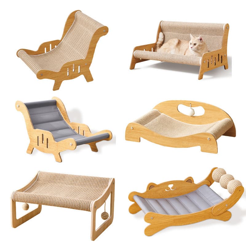 Vários tipos de arranhadores de sisal para gatos, ninhos para gatos, camas para gatos, tigelas integradas