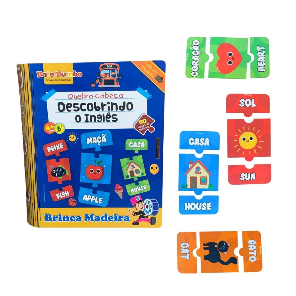 Quebra-cabeça Infantil Descobrindo o Inglês Brinquedo Educativo Alfabetização - Bate Bumbo - 4 anos