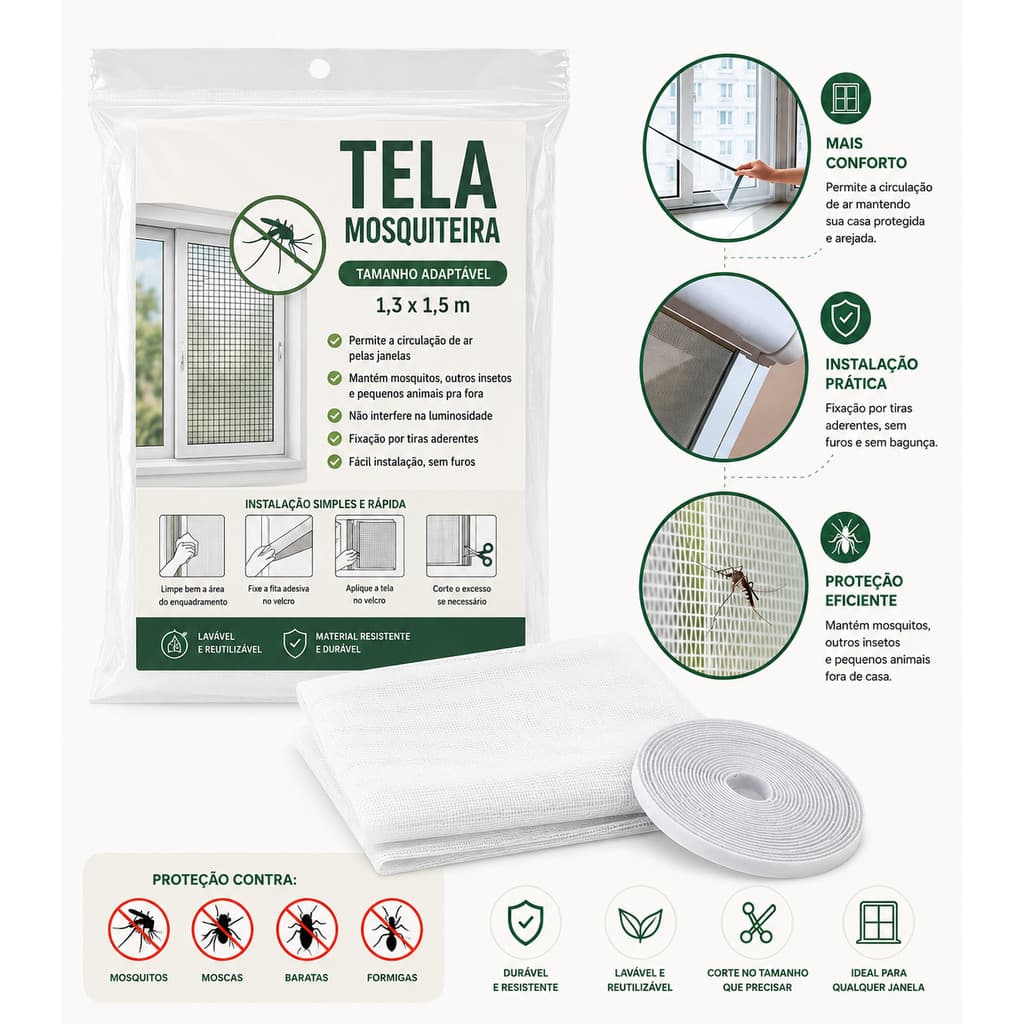 Tela Mosquiteiro Para Janela 130x150 Com Velcro Adesivo Mosquitos