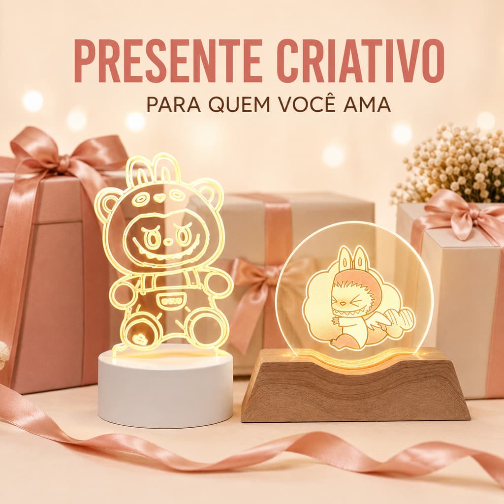 Luminária de Mesa LED 3D Cristal USB, Luz Noturna Decorativa para Quarto, Cabeceira, Presente Criativo