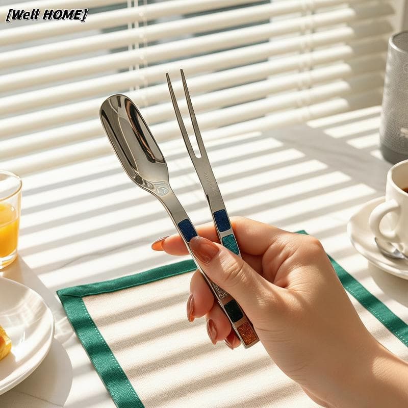 [Well Home] Colher E Garfo De Sobremesa De Aço Inoxidável Com Glitter Brilhante Alça Embutida Talheres Reutilizáveis Par