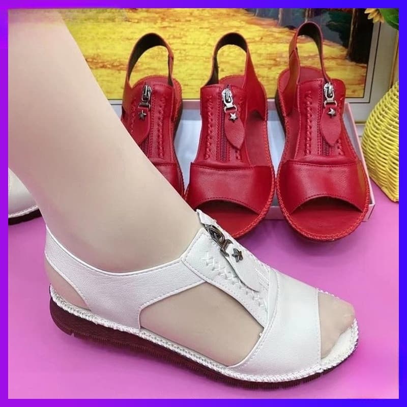 Sandálias Femininas YYKQ com Zíper, Couro PU Macio, Sola Confortável, Calçados Casuais de Verão, Cor Sólida, Tamanhos Gr