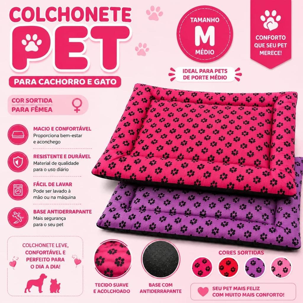 Colchonete Pet Tamanho M para Cachorro e Gato — Tecido resistente, enchimento macio, leve (Cor Fêmea)