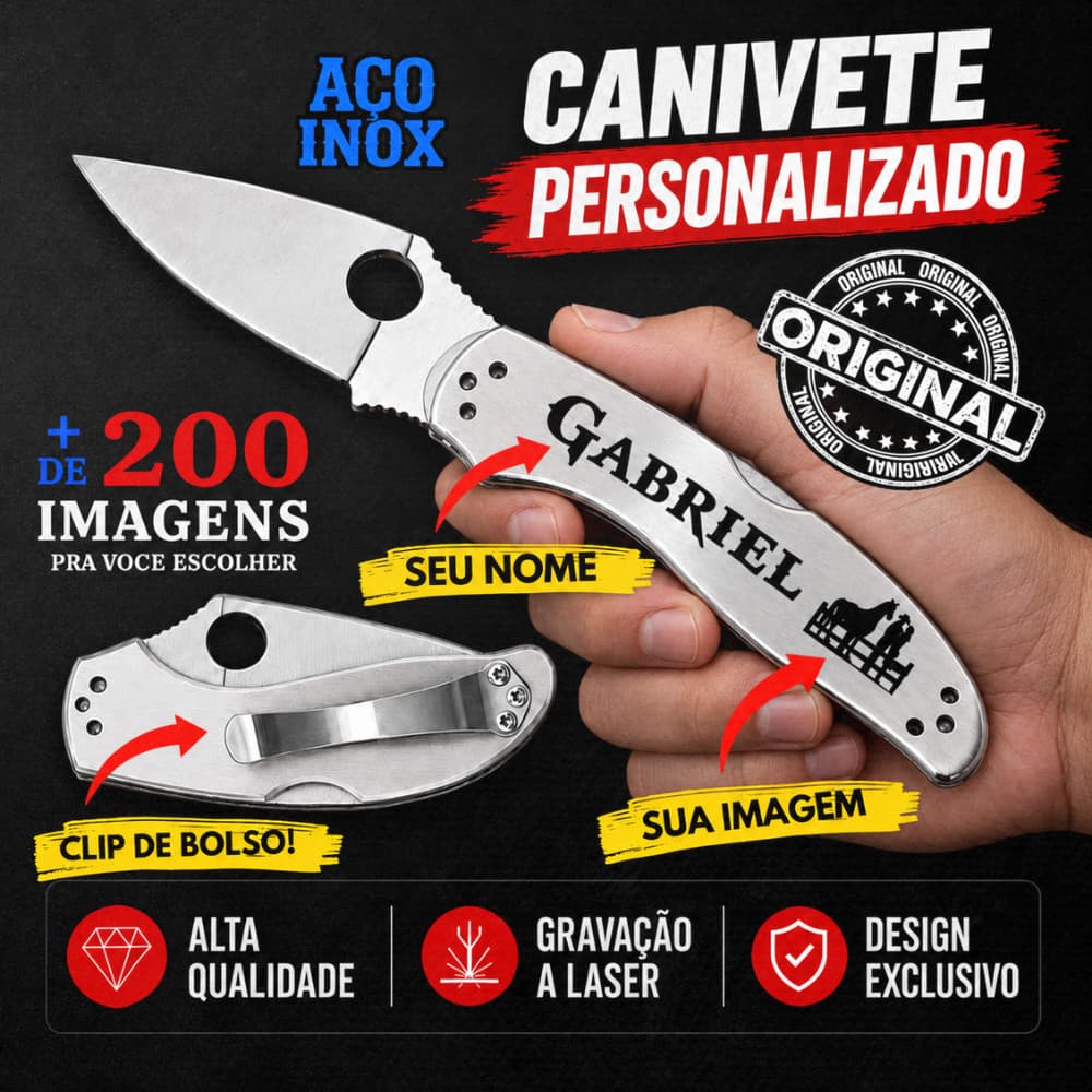 Canivete Personalizado Boiadeiro Vaqueiro Inox com Nome e Logo Gravado a Laser Clip Bolso Envio Imediato