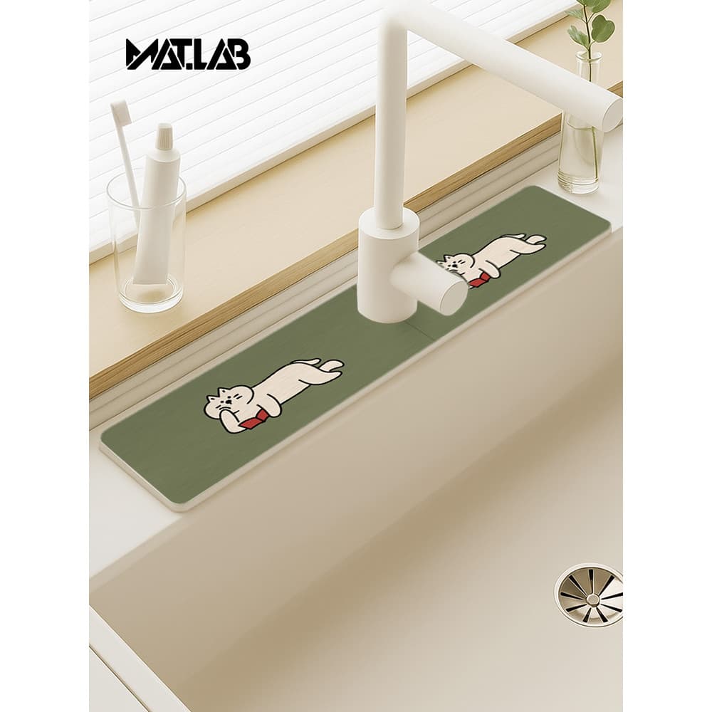 Tapete de torneira de gato de desenho animado, tapete de pia de cozinha verde antiderrapante absorvente, tapete de lavat