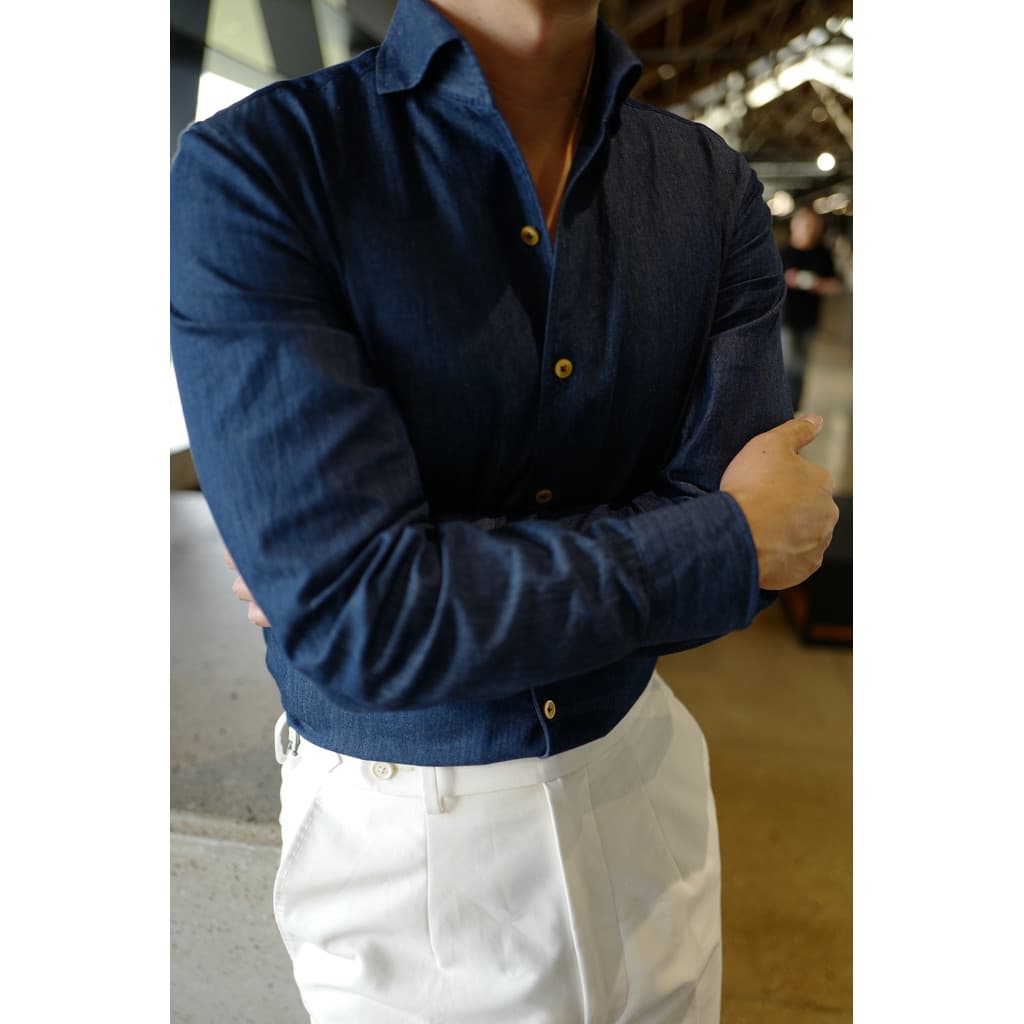 Camisa jeans masculina com gola de uma peça, moda madura, japonesa, Super macia, azul, camisa jeans, algodão puro