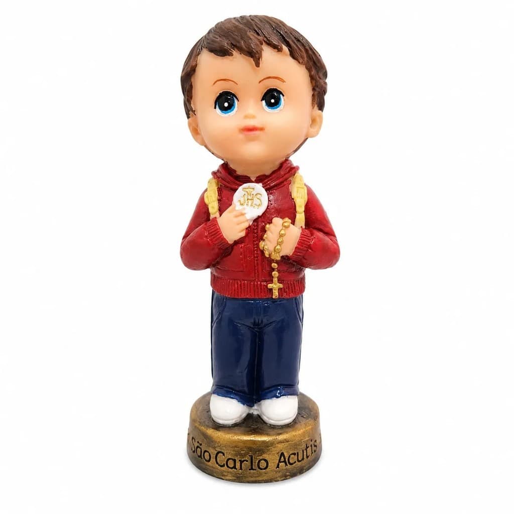 Imagem de São Carlo Acutis Infantil Rosto Criança Bebê Baby de Resina - 15 cm Santo da Tecnologia