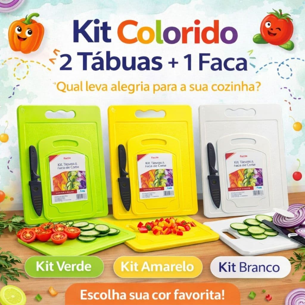Kit Cozinha 3 Peças: 2 Tábuas de Corte + 1 Faca, para Carnes, Frutas e Legumes