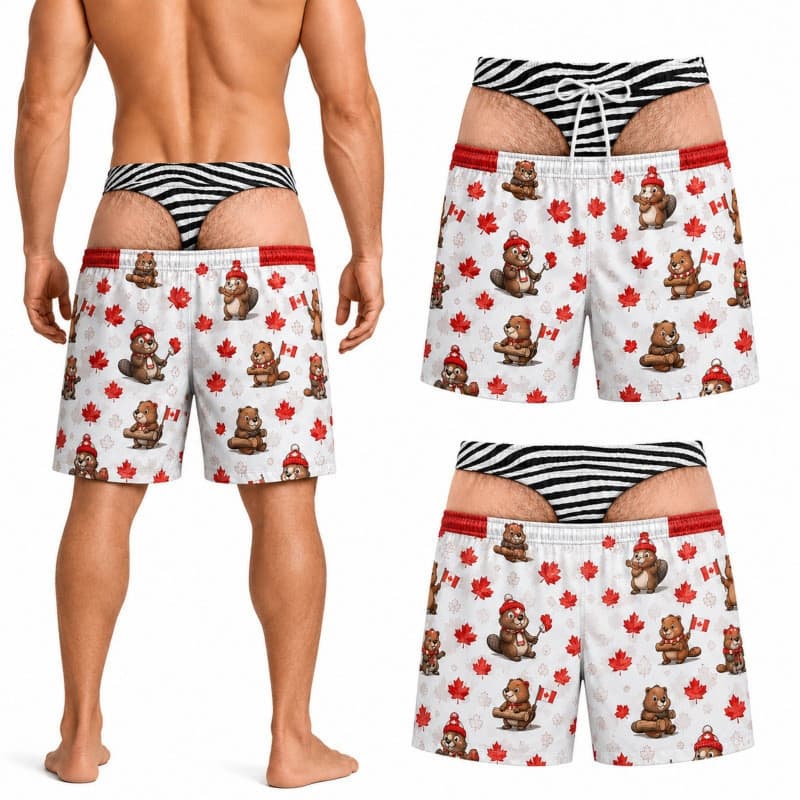 2026 Verão Masculino Engraçado 3D Ilusão Óptica Praia Shorts , Canadá Castor Maple Leaf Novidade Brincadeira Férias Boar