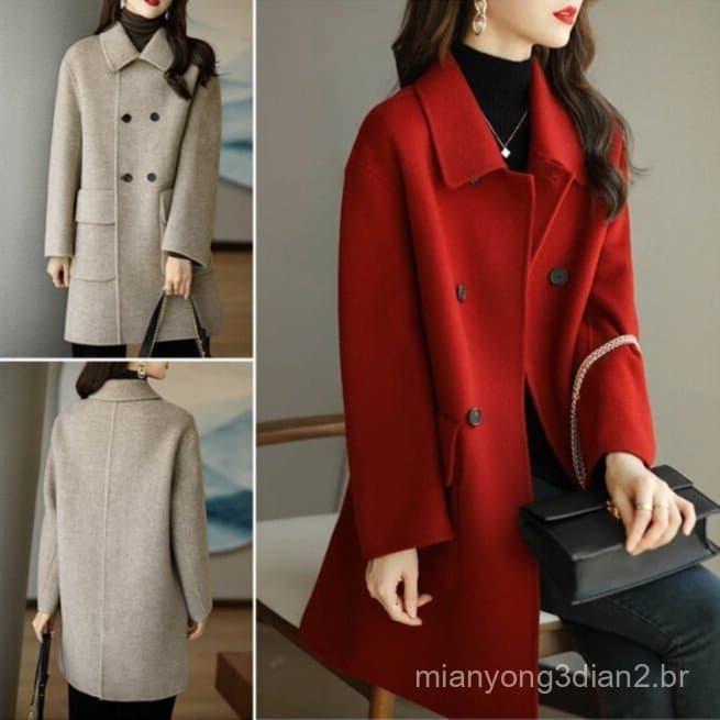 Novo Casaco De Lã Feminino/Xadrez De Inverno/Comprimento Médio/Tweed Plus Size .