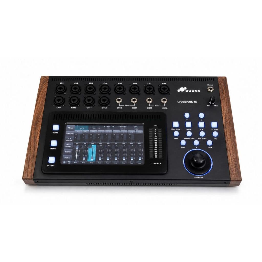 Mixer Digital Duonn LIVEBAND 16 16 Canais USB 16x16 XLR OTG RTA Phantom +48V para Shows Igrejas Estúdios e Streaming Pro