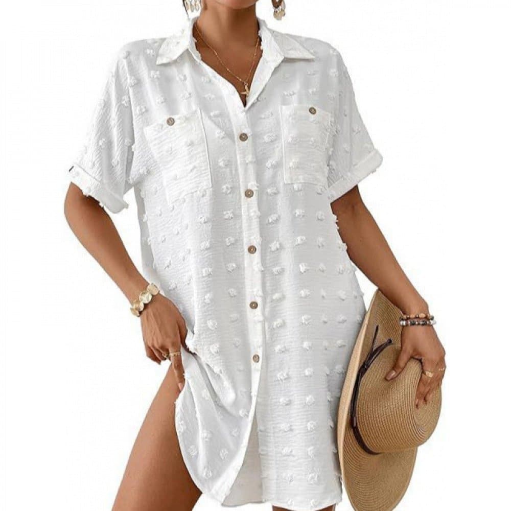 Cardigã Feminino Solto de Manga Curta com Botões e Textura de Seda Gelada, Detalhes em Pom-Pom, Camisa Casual PRCZ