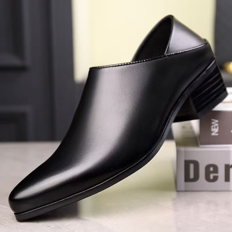 Sapatos masculinos de couro com bico fino e salto alto, roupa Formal de negócios, preto, aumento de couro genuíno, tendê