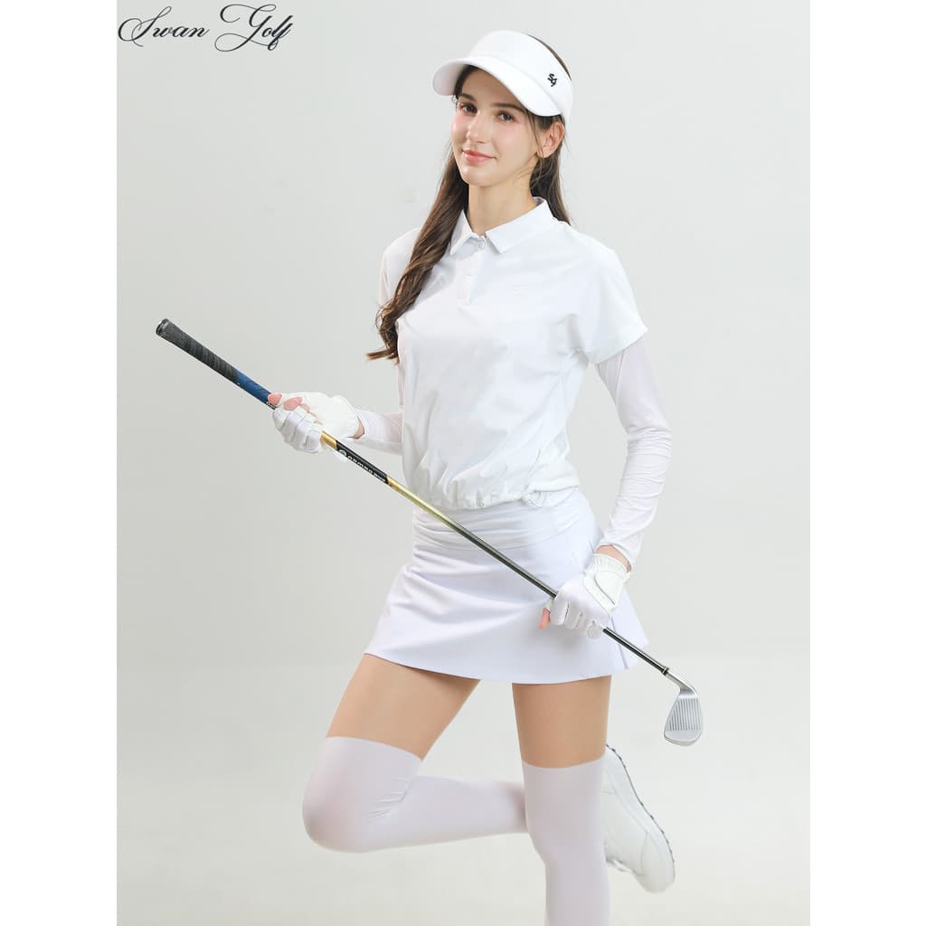 Top de golfe feminino verão falso de duas peças de seda gelo manga comprida reparação camiseta cintura alta A linha magr