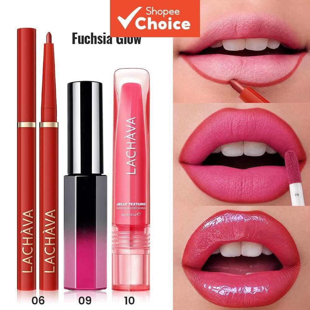 LACHAVA Conjunto 3 peças para lábios de três passos: delineador labial + brilho labial fosco + gloss labial brilhante