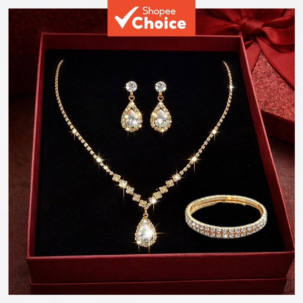 Conjunto de Joias de Cristal de Lágrima Dourado 3 Peças, Colar com Pingente em V Brilhante, Pulseira de Tênis, Brincos