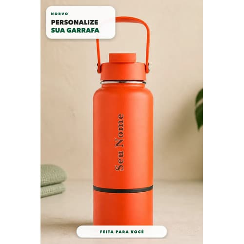 Garrafa Térmica Inox 700ml Personalizada com Nome e Ícone Laranja, Squeeze para Academia, Trabalho, Viagem e Presente