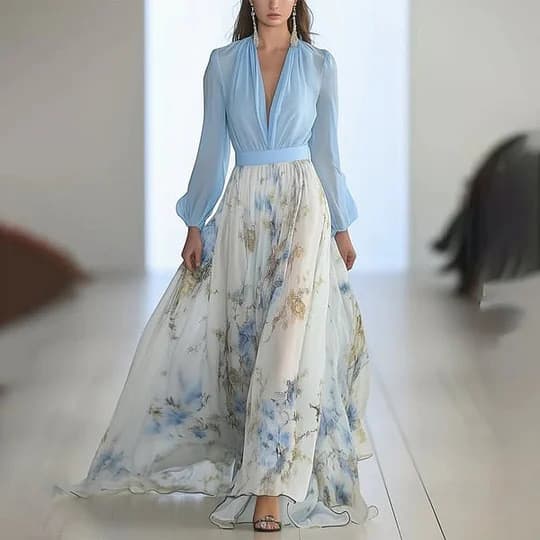 2026 Roupas femininas independentes em pé Digital impresso manga comprida com decote em V costura longa S