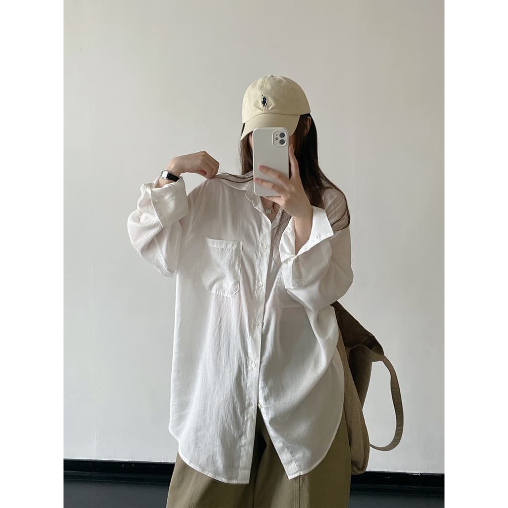 Sun Pomelo Lyocell Sedoso Pele-Friendly Duplo Patch Bolso Solto Lapela Contorno Primavera Verão Camisa Branca Preguiçosa