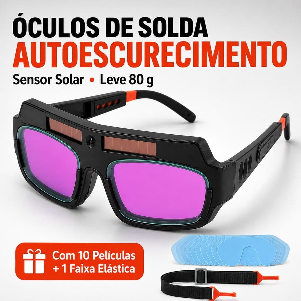 Óculos de Solda Automático Solar com Sensor de Luz Lente LCD + 10 Protetores e Faixa