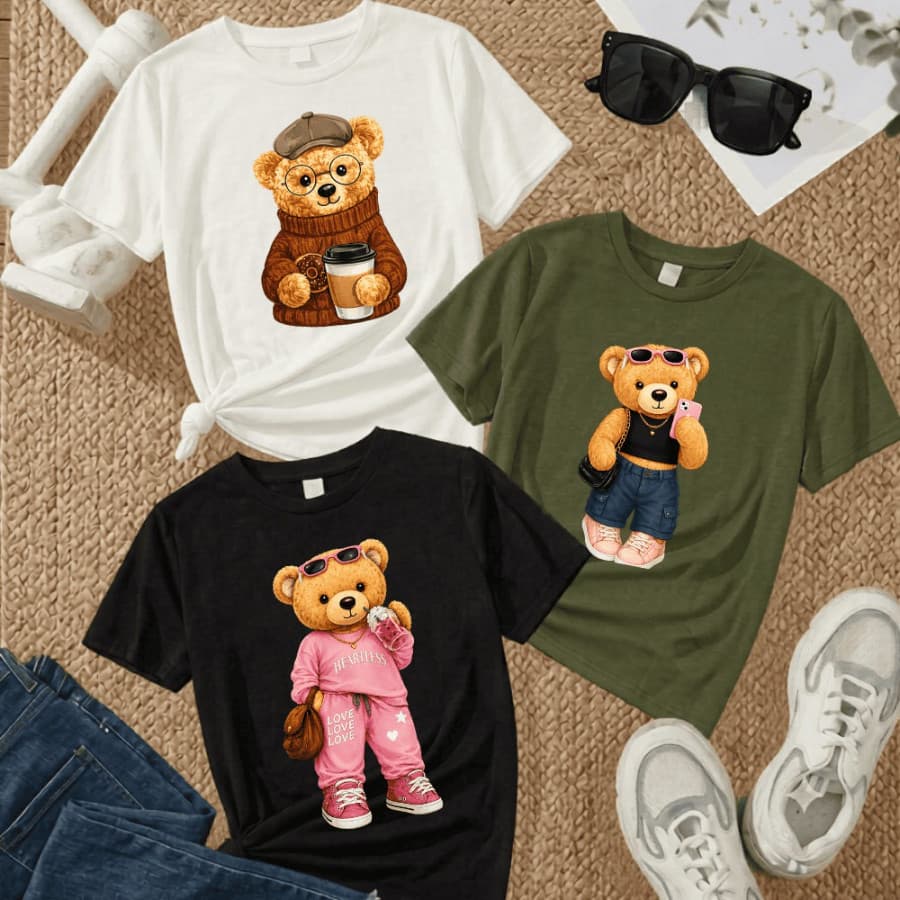 Kit 3 Camisetas Feminina Ursinho Teddy Bear Fashion Estilo Minimalista Uso Diário 100% Algodão