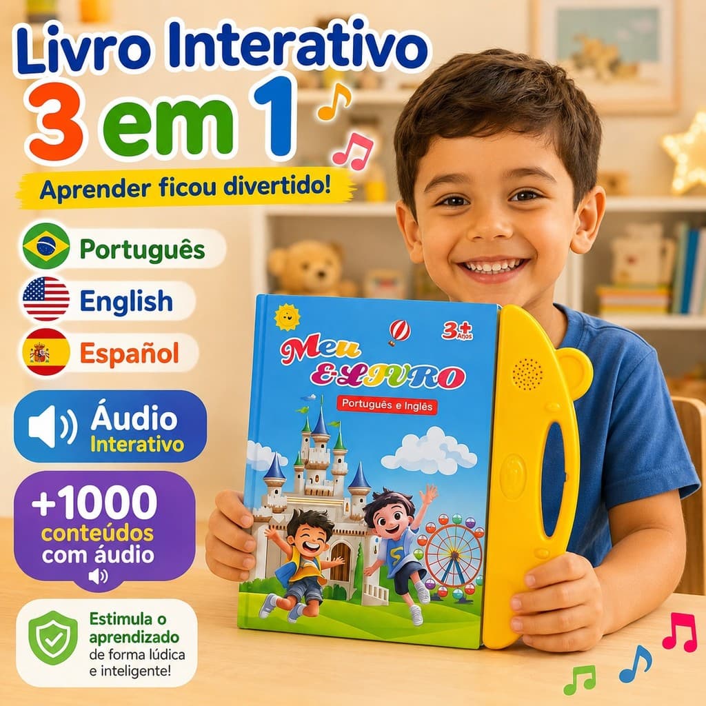 3 em 1 Livro Infantil Interativo Educativo Trilíngue com Som Touch & Sound Português Inglês Espanhol Multitemas