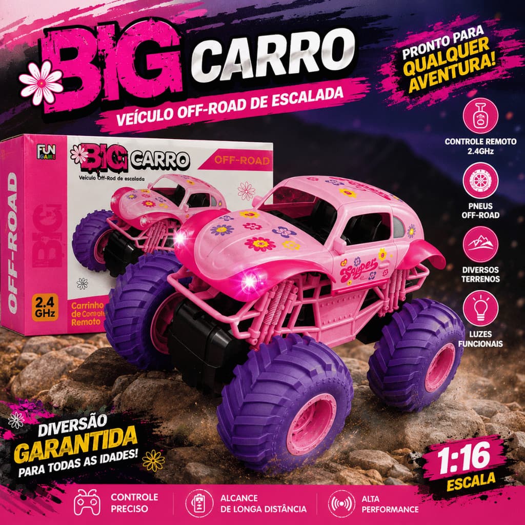 Carrinho de Controle Remoto Off-Road Big Carro 4x4 Fusca – 2.4GHz