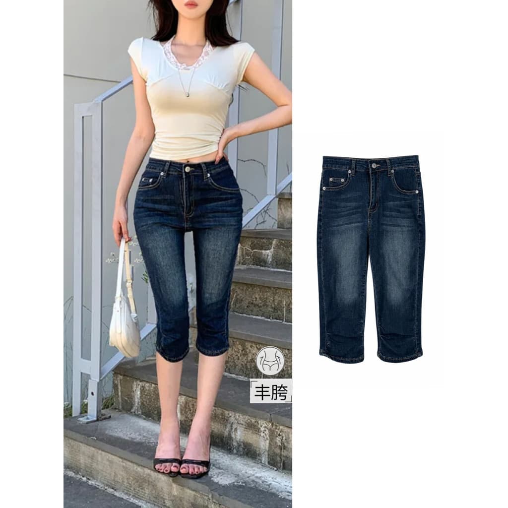 [Calças de virilha] Calças Capri jeans retrô femininas verão estilo dinheiro antigo cintura média All-Match calças corta