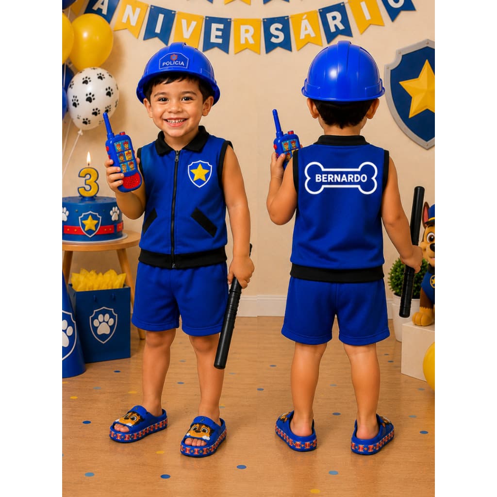 Kit Fantasia Infantil Chase Personalizado + Brinquedo + Chinelo Slide Patrulha Canina Roupa Conjunto Sapato Confortável