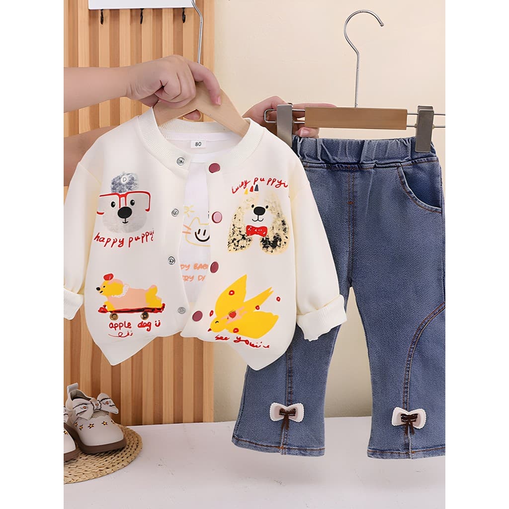 Meninas roupas de outono terno de três peças estilo ocidental bonito bebê primavera outono estilo dos desenhos animados