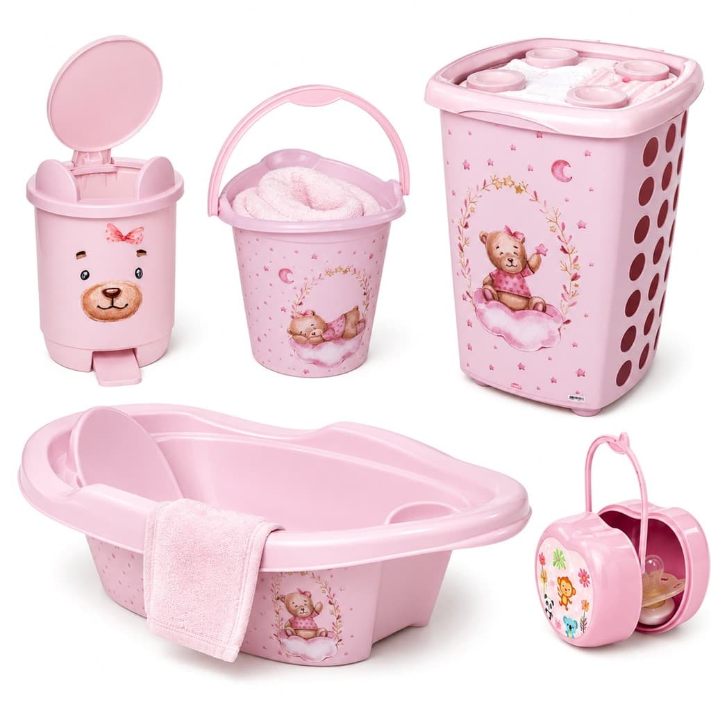 Kit Banheiro Do Bebê Completo Ursa Rosa Infantil Banheira Cesto De Roupas Balde Lixeira - Plasútil