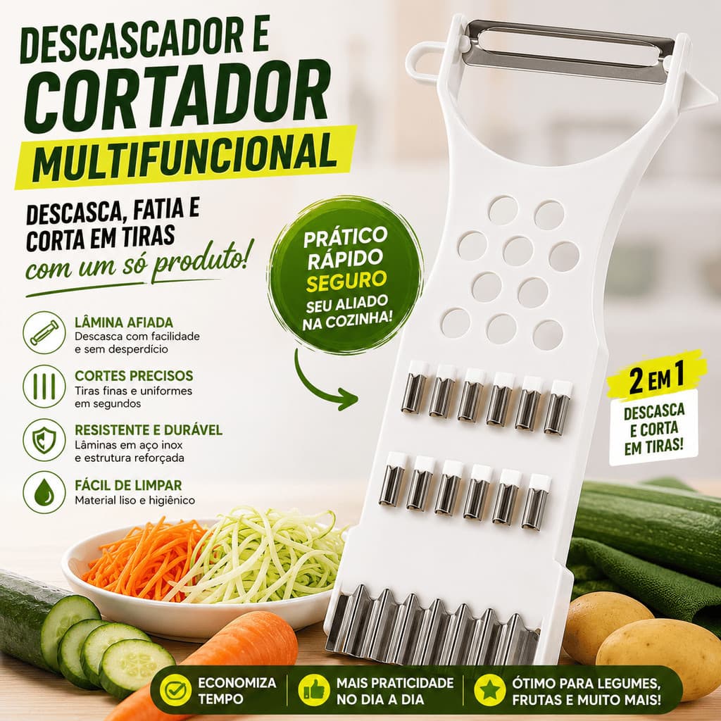 Cortador de Legumes Multifuncional 2 em 1 – Descascador, Fatiador e Cortador em Tiras - YA24410