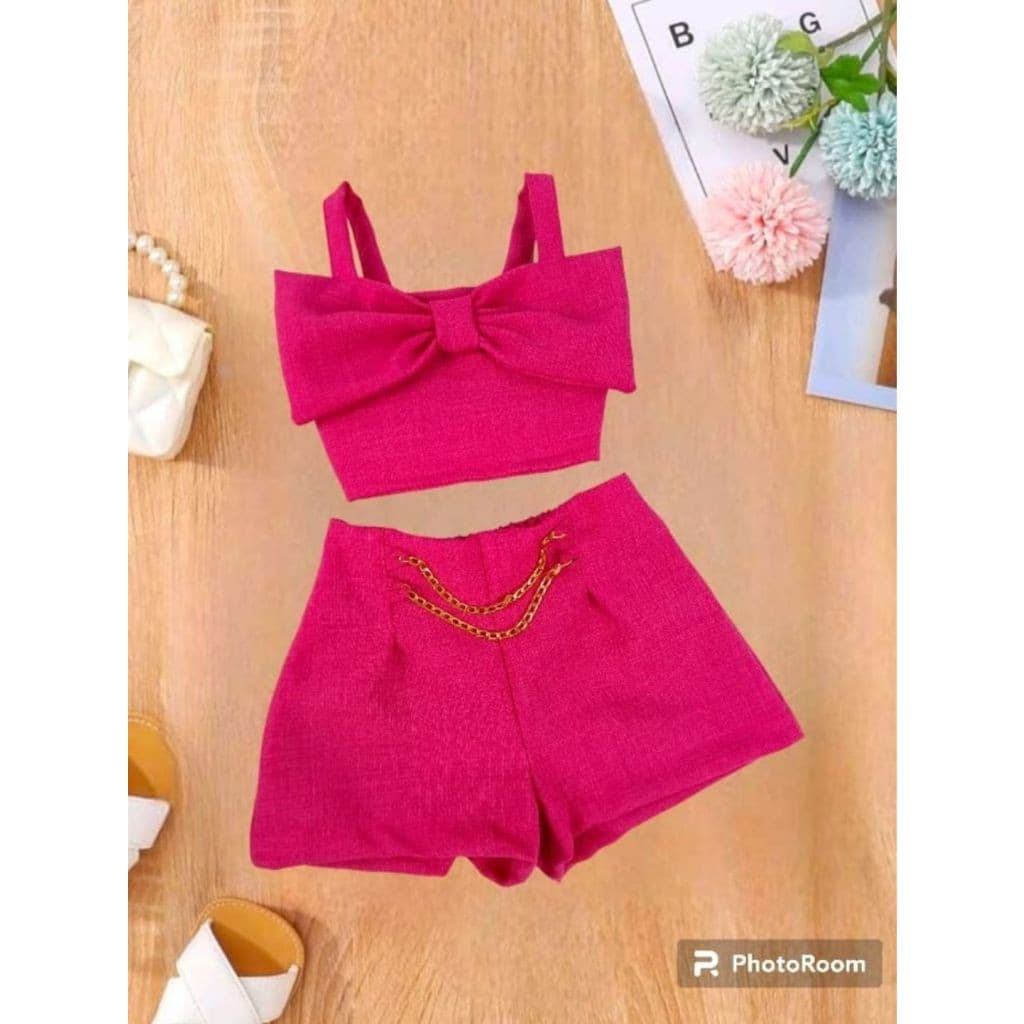 Conjunto Infantil Linho Cropped Laço e Shorts com Corrente (CJI002)