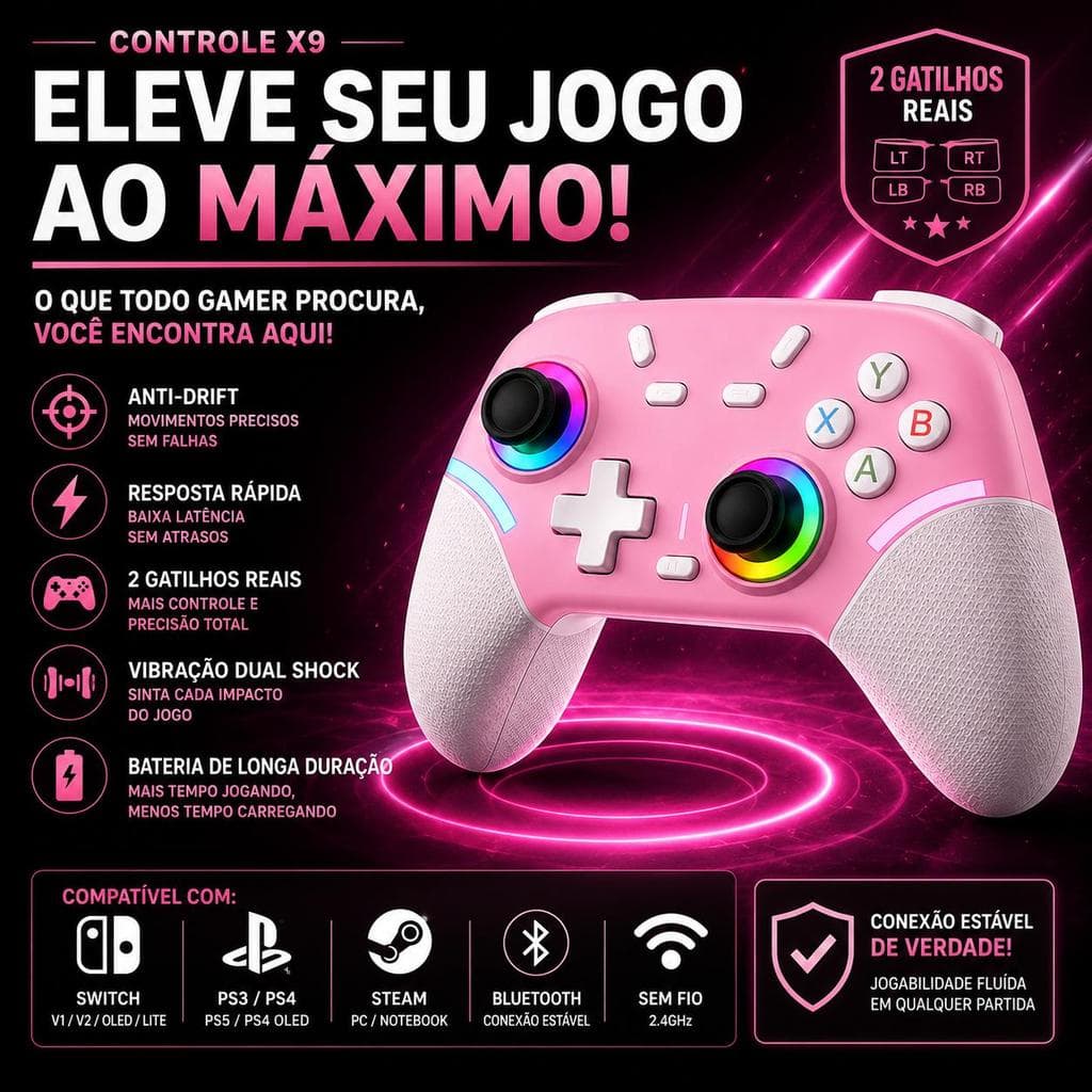 Controle Gamer Sem Fio Compatível Switch Oled Lite Steam PC Bluetooth T&Z X9 Hall Effect