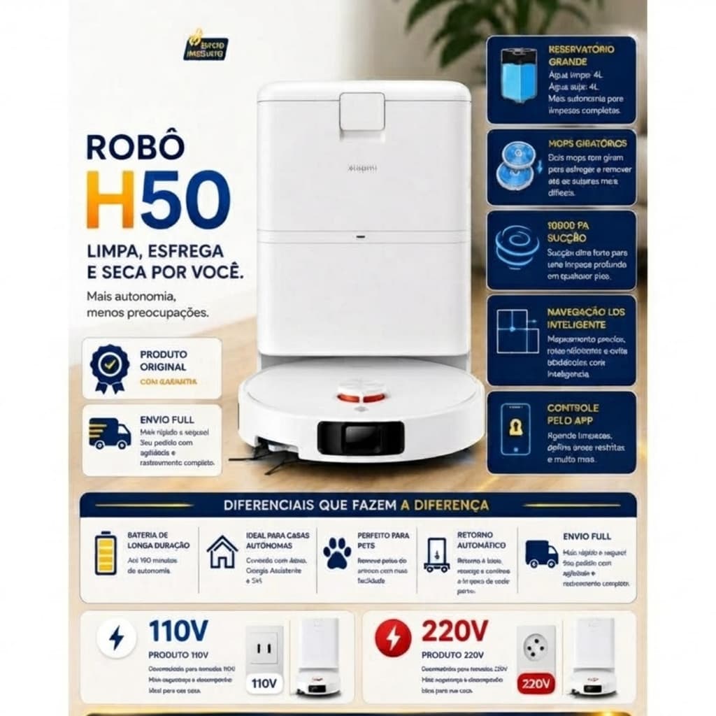 Robô aspirador Vacuum H50 Lavagem automática Estação autolimpante + sucção potente 10.000Pa.