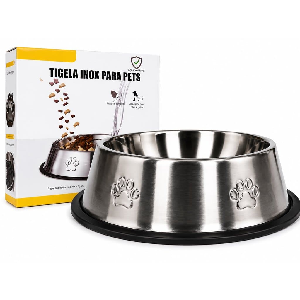 Comedouro Inox Antiderrapante para Cachorro e Gato Base Emborrachada 300ml 500ml 1L 1,5L