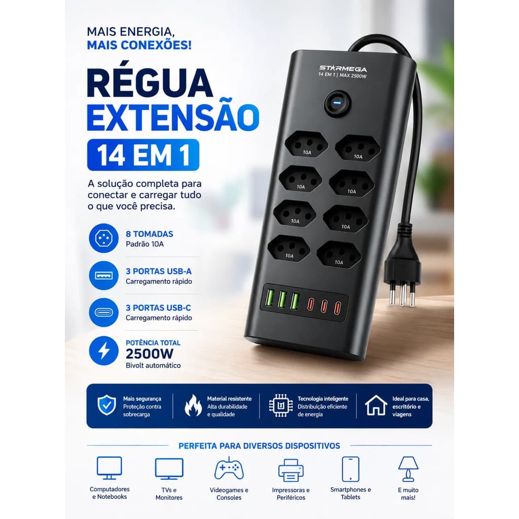 Extensão Eletrica Tomadas Usb Type-c Bivolt 2m Chave Liga