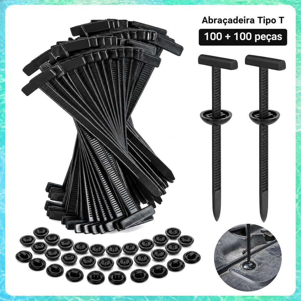 100 Peças Fixadores Plásticos Tipo T 9cm com Trava, Cintas de Nylon para Reparos Automotivos e Motocicletas