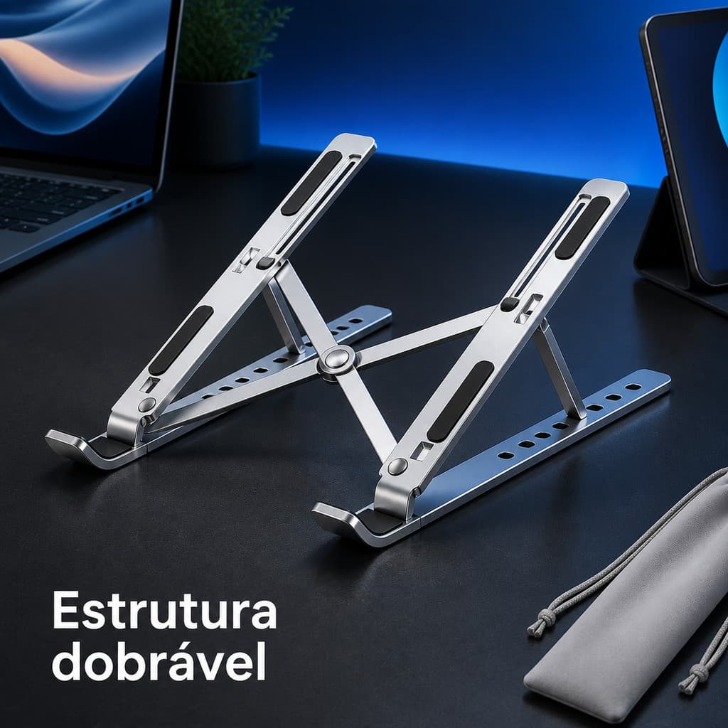Base Dobrável para Notebook e Tablet, Estrutura de Alumínio e Apoios Antiderrapantes para Mesa