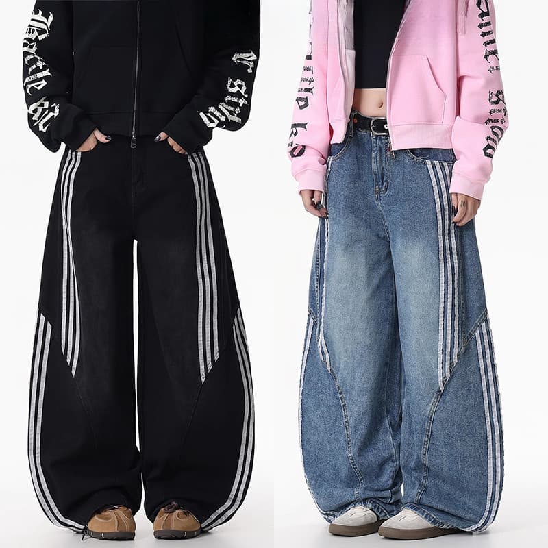 Calças esportivas soltas masculinas calças de perna larga calças listradas calças casuais estilo Retro calças jeans solt