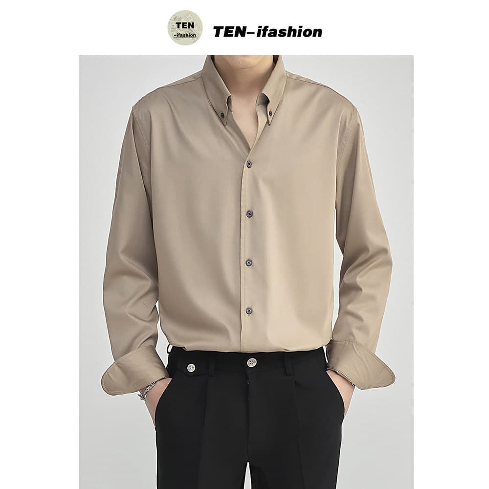 Camisa branca de ajuste fino estilo coreano maduro leve de alta qualidade masculina estilo quatro estações com decote em