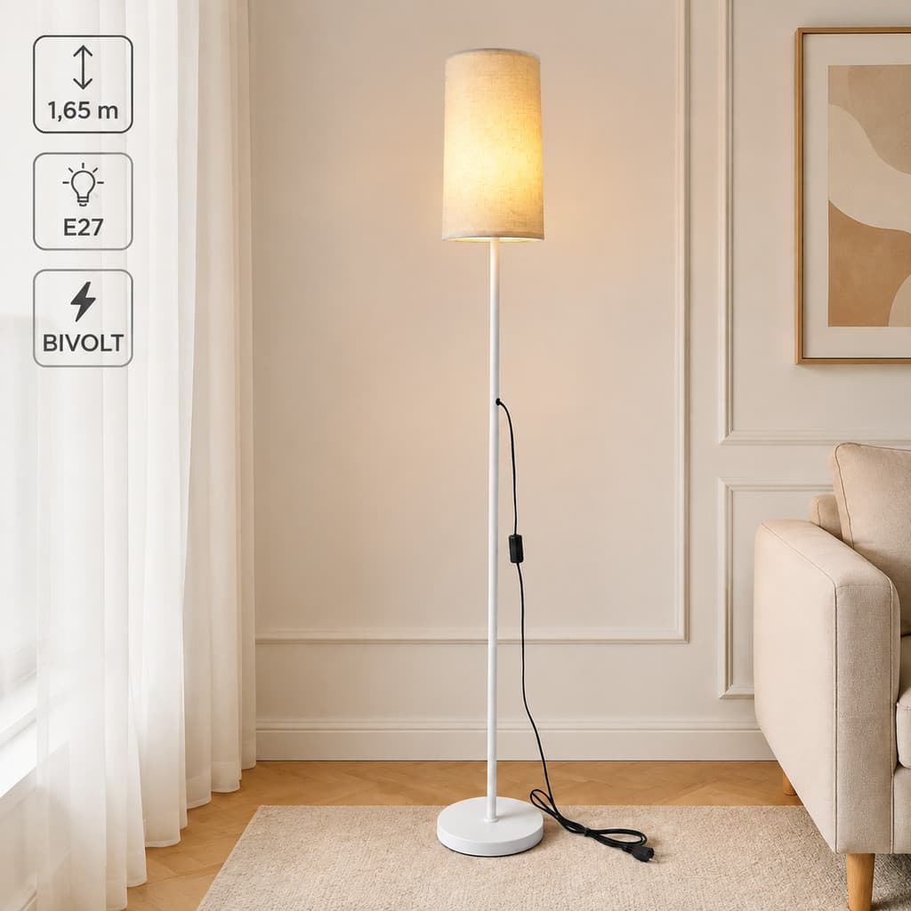 Luminária de Chão 1,65m com Cúpula de Tecido Soquete E27 para Sala Quarto Escritório e Decoração