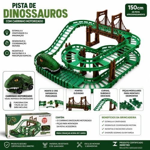 Pista Motorizada Infantil Carrinho Dinossauro Verde Brinquedo Educativo Diversao