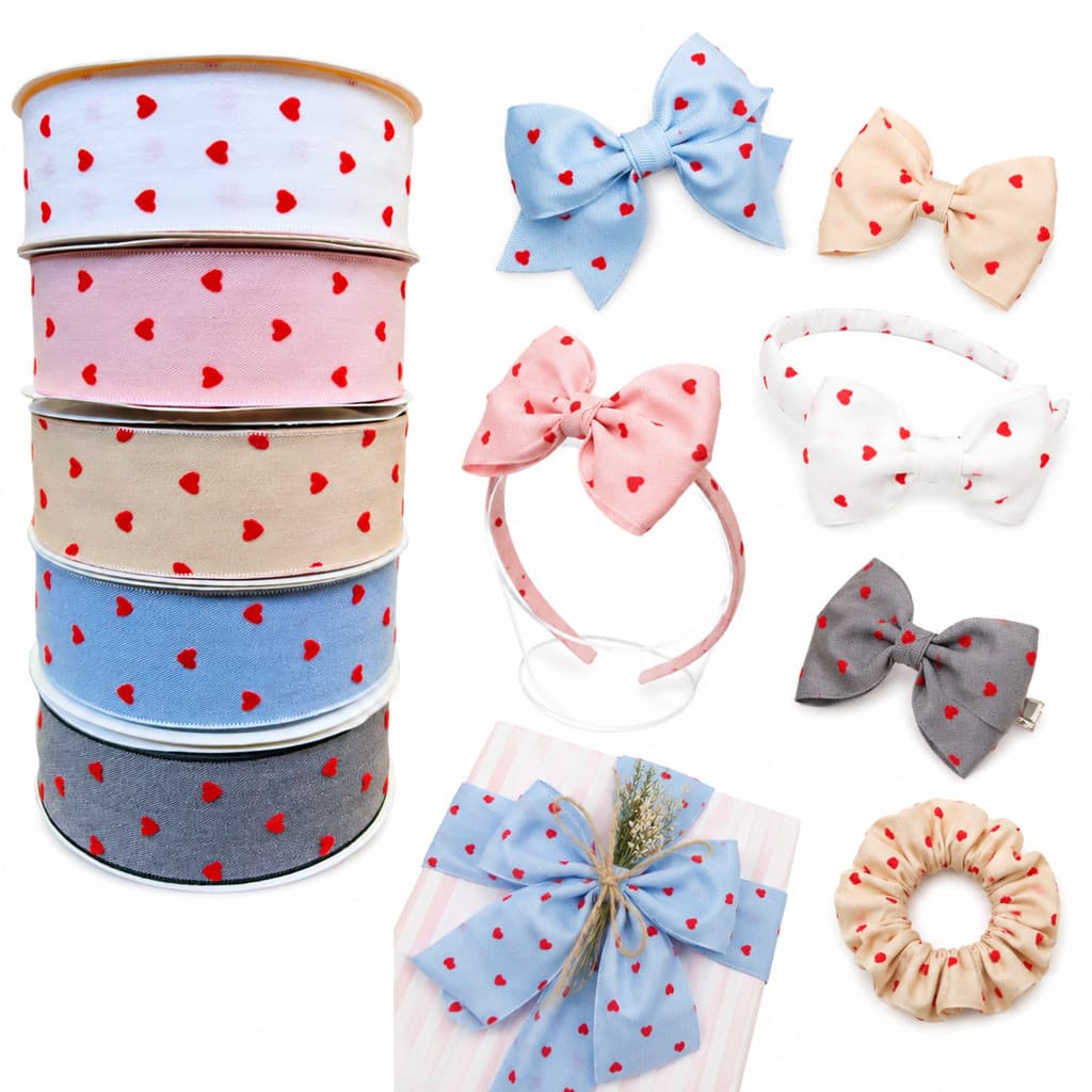 Fita Yama Puff Gorgurão 38mm Estampa Relevo Coração Para Laços, Tiaras, Artesanato e Decoração