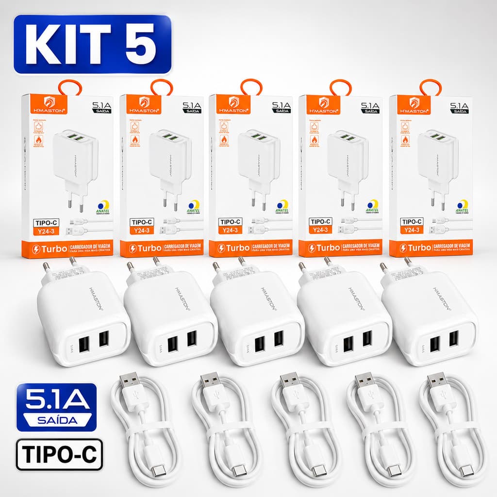 Atacado Kit 5 H'maston Y24 Carregador Turbo 25w Fonte Torre Carregar Portátil 2 Usb 5.1A Com Cabo Usb