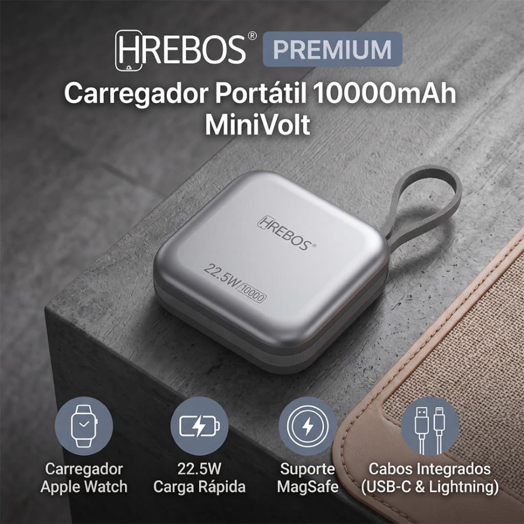 HREBOS Bateria Externa Portátil PB-918 MiniVolt 10000mAh Carga Rápida 22.5W, Cabos Integrados Lightning e Tipo-C
