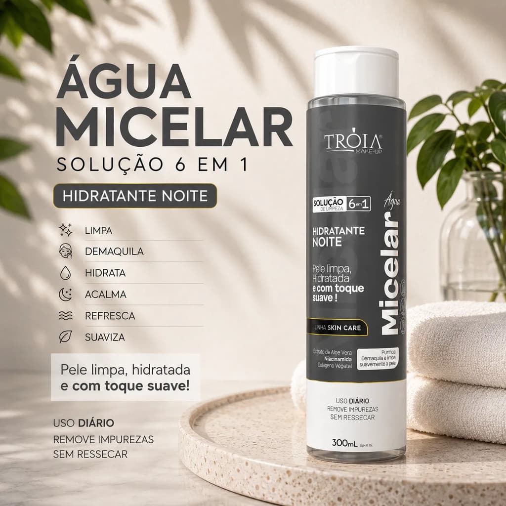 Água Micelar Hidratante Noite 6 Em 1 Demaquilante Para Uso Diário - Tróia Make Up