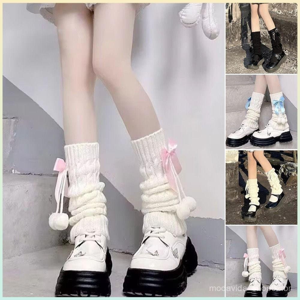 Aquecedores de Pernas de Tricô, Leggings Térmicas Soltas Forradas de Lã com Laço e Pom-Pom Estilo Lolita IDUH