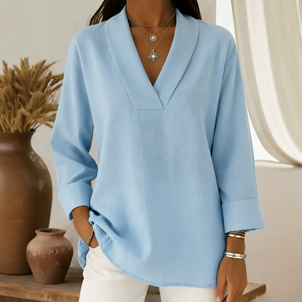 Camisa azul-claro com decote em V para mulher, novo modelo para a primavera e o outono, corte folgado, efeito modelador,